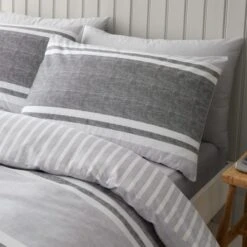 Catherine Lansfield Textured Banded Stripe Reversible Duvet Cover & Pillowcase Set 31 Catherine Lansfield Textured Banded Stripe Reversible Duvet Cover & Pillowcase Set -Bedding Store 30867199 alt01