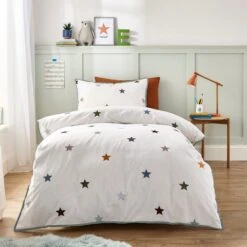 Embroidered Stars Single Duvet Cover And Pillowcase Set