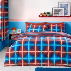 Red & Blue Neon Checks Reversible Duvet Cover And Pillowcase Set -Bedding Store 30945317