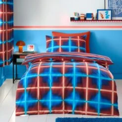 Red & Blue Neon Checks Reversible Duvet Cover And Pillowcase Set