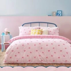 Riviera Gingham Bows Reversible Duvet Cover And Pillowcase Set -Bedding Store 30972773